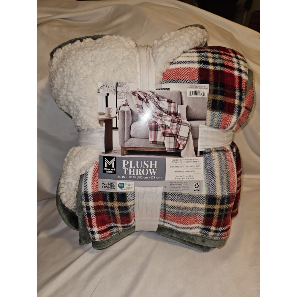 Member's Mark Reversible Plush Sherpa Plaid Sofa Throw 60x70 OEKO-TEX